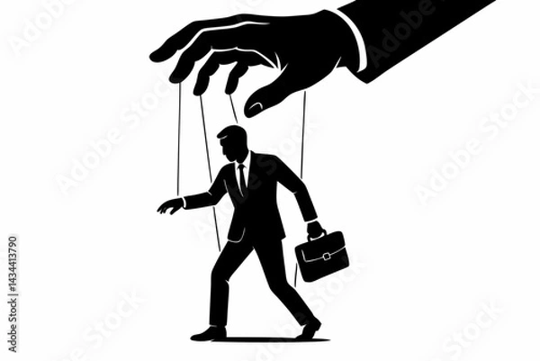 Fototapeta Silhouette Vector Illustration of Puppet Master Manipulating Businessman on Strings: Concept of Corporate Power, Control, Influence, and Subordination in the Workplace.