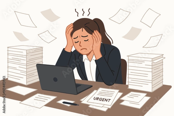 Fototapeta Overwhelmed businesswoman feeling stressed and exhausted by heavy workload and urgent deadlines, sitting at messy office desk with laptop and stacks of paperwork. Burnout concept vector.