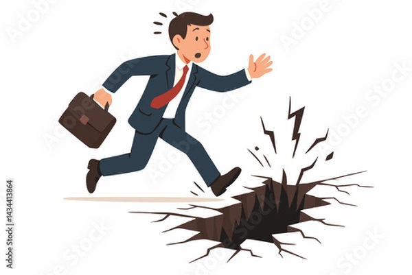 Fototapeta Unaware businessman running towards a dangerous pitfall, vector illustration symbolizing business crisis, financial risk, unforeseen problems, impending failure, or hidden trap.