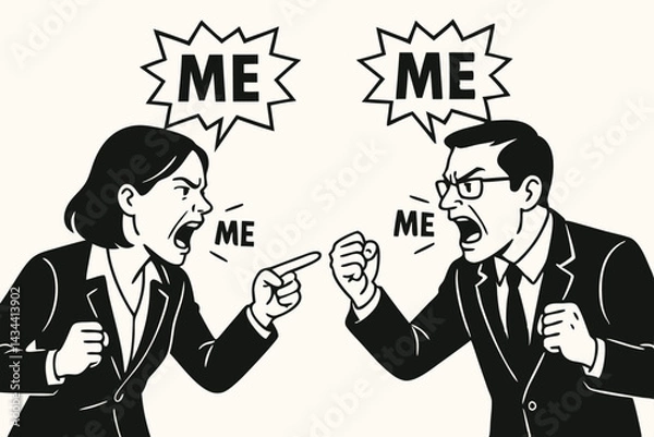 Fototapeta Black and white vector art of angry business man and woman shouting ME, illustrating narcissistic conflict. Simple graphic depicting office argument, ego clash, selfish disagreement, confrontation.