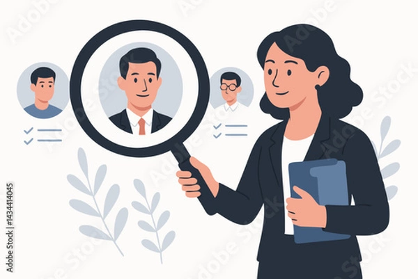 Fototapeta HR professional examining job applicant profiles with magnifying glass. Talent search, recruitment agency, headhunting, employee selection vector illustration for business hiring needs.