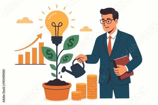 Fototapeta Vector illustration of a businessman cultivating a money plant idea, representing innovative business strategy, investment growth, financial returns, and startup success.