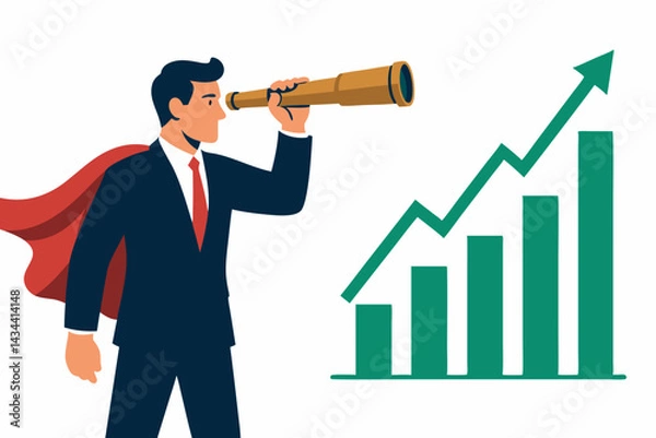 Fototapeta Business leader as superhero with telescope analyzing future market trends and investment growth shown on rising graph. Financial vision, foresight, strategy, success vector.