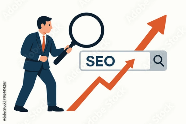 Fototapeta Businessman using magnifying glass analyzing SEO search bar for website optimization and ranking growth. Flat vector illustration concept for digital marketing success and strategy.