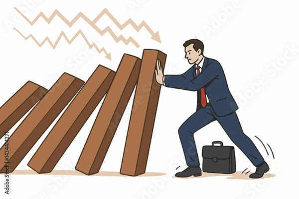 Fototapeta Determined businessman preventing domino effect collapse during economic downturn. Vector art illustrating financial crisis management, recession challenge, business resilience, and stopping failure.