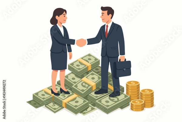 Fototapeta Successful business deal vector concept. Businessman and businesswoman finalize partnership with a handshake standing atop stacks of money symbolizing wealth, profit, and financial agreement.