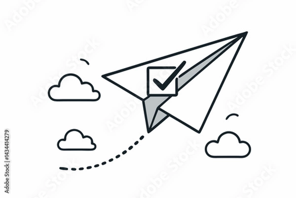 Fototapeta Checkmark on Paper Airplane: Vector Icon for Goal Achievement, Success, Task Completion, Verification, and Approved Projects. Minimal Line Art with Flight Path & Clouds.
