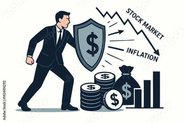 Fototapeta Financial Protection Concept: Businessman with Dollar Shield Guarding Assets, Money, and Investments from Economic Downturn, Stock Market Crash, and Inflation Risks. Vector Art.