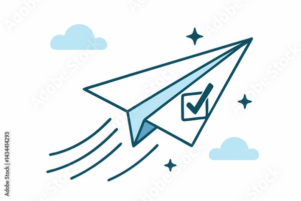 Fototapeta Goal-driven paper airplane vector illustration with checkmark soaring through clouds. Symbolizing success, task completion, achieved objectives, validation, and business project progress.