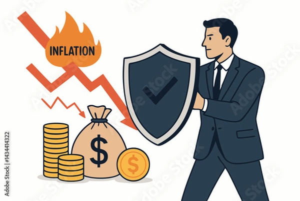 Fototapeta Financial protection vector illustration. Businessman holding security shield defending dollar money bag and coin stacks from the economic risk and danger of inflation fire.