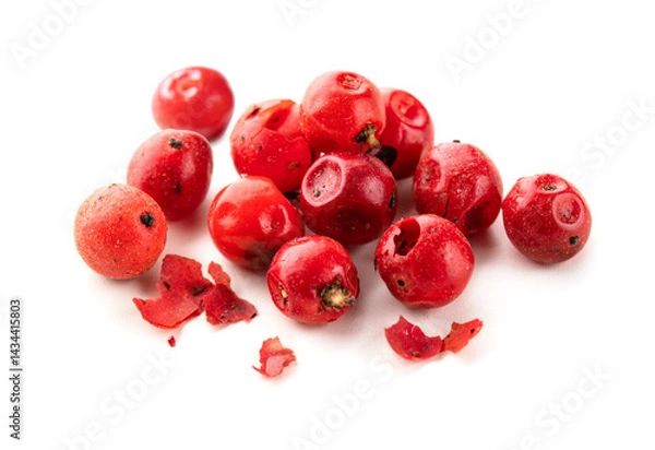 Fototapeta Pink peppercorns isolated on white background. Pile of pink peppers macro.