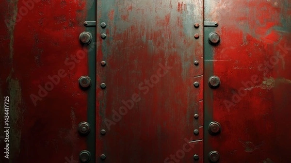 Fototapeta Weathered red metal texture background with rusty bolts and grungy details