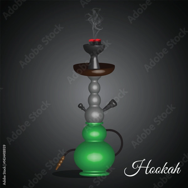 Fototapeta This graphic shows a traditional hookah (also known as shisha or water pipe), with a green glass base, a tall decorative stem, and a smoking bowl at the top emitting wisps of smoke.