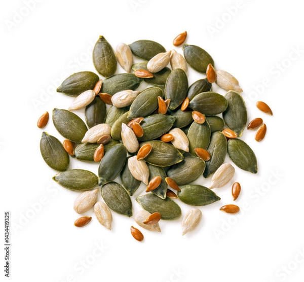 Fototapeta Pumpkin, sunflower, flax seeds mix isolated on white background. Mixed Seeds with clipping path. Top view.