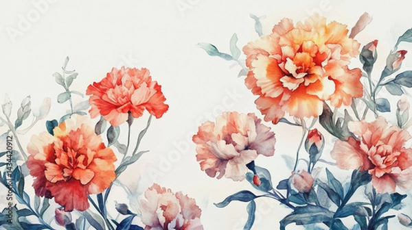 Fototapeta watercolor botanical Carnation flowers texture template background.Elegant wedding invitation card background . Minimal hand painted Design for wedding or Valentine's Day
