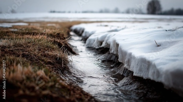 Fototapeta icy stream cutting through melting snow in countryside field, low angle 
