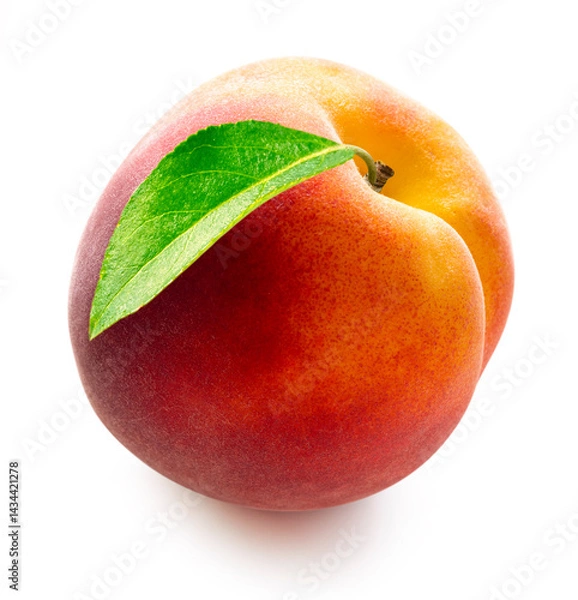 Fototapeta Fresh peach with leaf isolated on white background with clipping path.