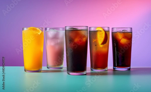 Fototapeta Vibrant cocktails in gradient colors with ice cubes lined up against a pastel pink and blue background.
