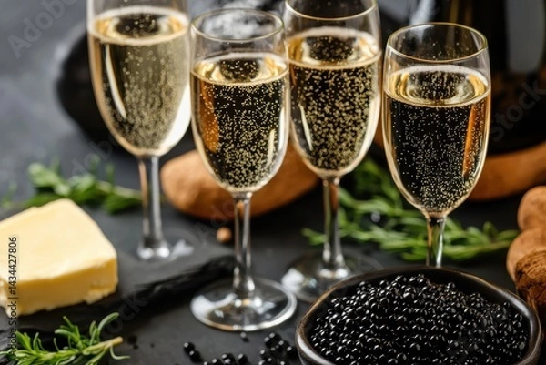 Fototapeta Toast topped with sturgeon caviar and butter accompanied by champagne Vertical layout