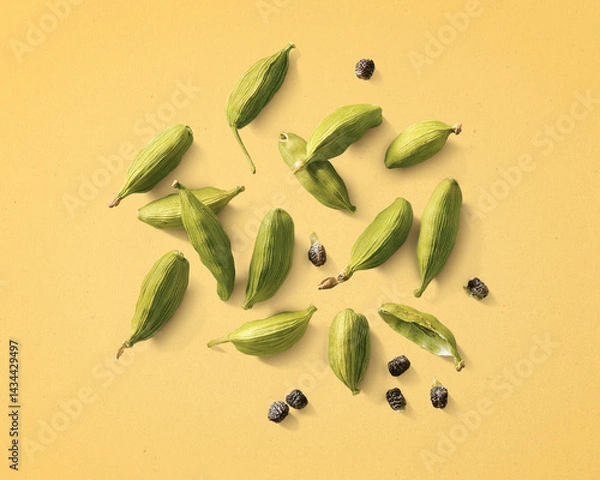 Fototapeta Cardamom pods and seeds scattered on pastel yellow background, top view.
