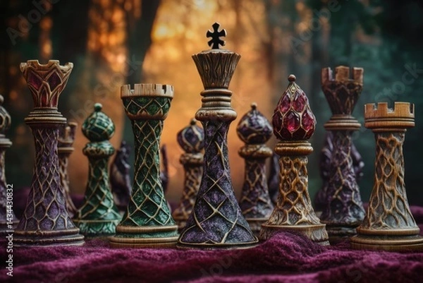 Fototapeta Intricately carved chess pieces arranged on a dark burgundy cloth, set against a blurred autumnal background.