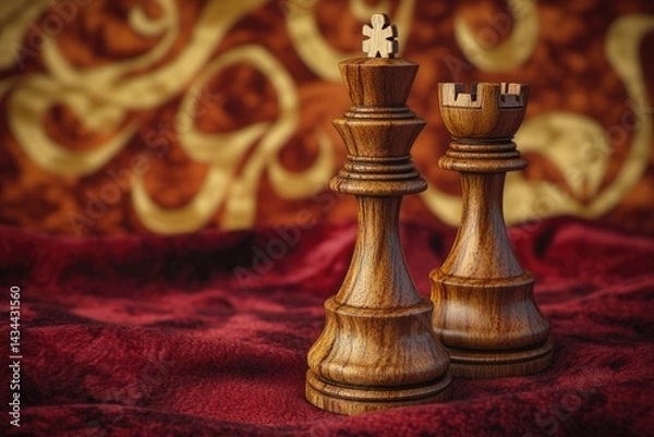 Fototapeta Close-up of king and queen chess pieces on a rich red fabric background, exuding power and strategy.