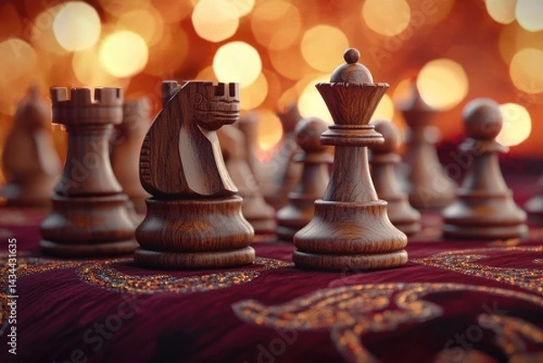 Fototapeta Close-up of dark wooden chess pieces, queen and knight, on a burgundy fabric with golden bokeh background.