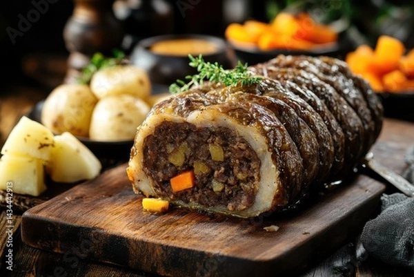 Fototapeta Zoom in on a halved cooked haggis on a cutting board accompanied by potato turnips and carrot