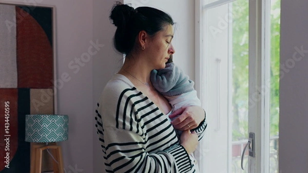 Fototapeta Mother standing by the window with newborn resting on her shoulder, gazing outside. scene conveys a sense of calm, connection, and the peaceful moments shared between mother and baby-SD 480p