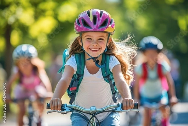 Fototapeta Joyful girl rides bicycle with helmet and backpack on sunny day