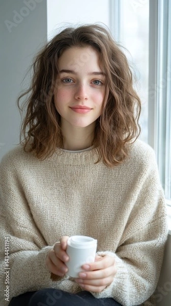 Fototapeta Cozy Winter Vibes - Young Woman Holding White Product by Window with Intrigued Expression and Warm Natural Light Feel