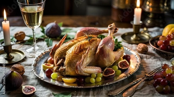Fototapeta Roasted Chicken Surrounded by Fresh Fruits, Candles, and Silver Utensils