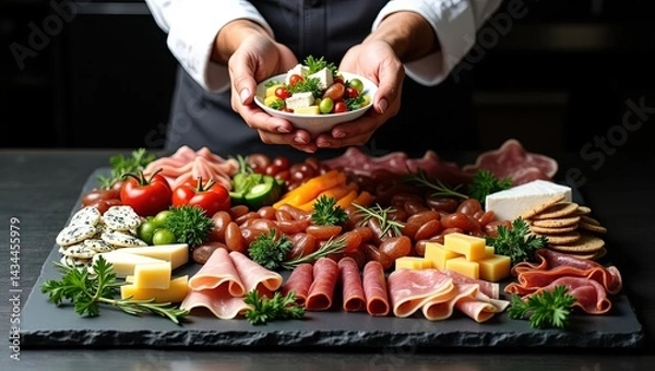 Fototapeta Chef Holding Fresh Salad Over a Slate Board of Artisan Meats and Cheeses