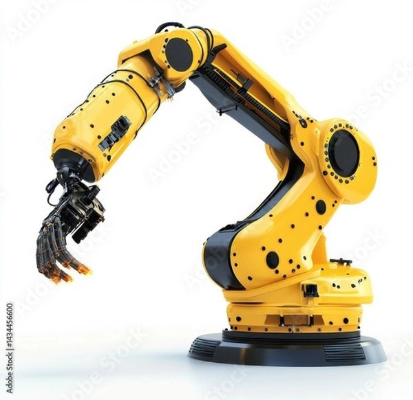 Fototapeta A yellow robotic arm with a gripper hand, isolated on a white background (1)