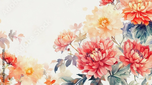 Fototapeta watercolor botanical Chrysanthemum flowers texture template background.Elegant wedding invitation card background . Minimal hand painted Design for wedding or Valentine's Day