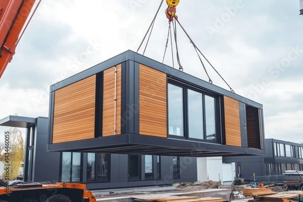 Fototapeta Modular prefab building lifted into place by crane
