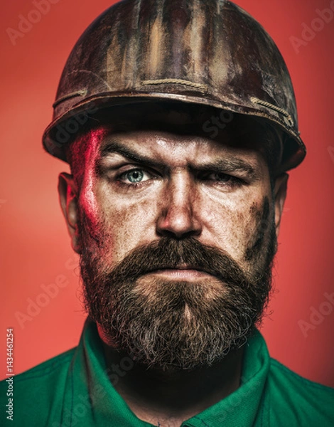 Fototapeta Man builder. Closeup portrait of builder, architect or civil engineer in hard hat. Bearded worker in construction helmet. Builder in protective hardhat. Serious foreman or repairman in safety helmet.
