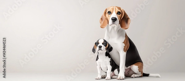 Fototapeta Beagle and puppy sitting on floor in studio portrait with cute and adorable expression
