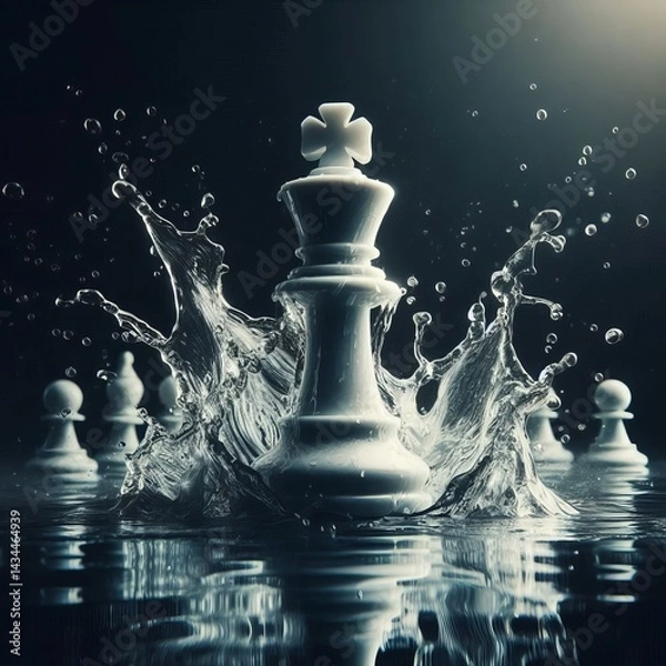 Obraz White Chess King in Water Splash Dramatic Monochrome Abstract.