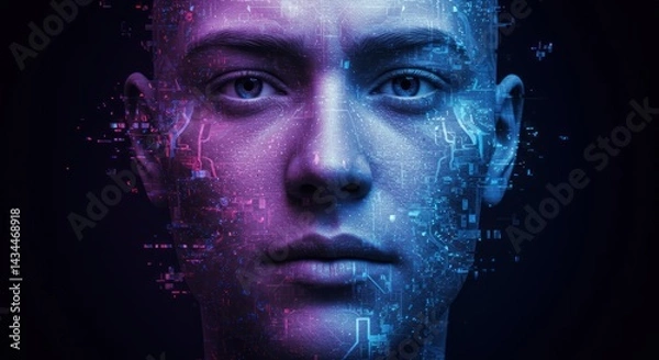Obraz Digital human face with abstract patterns in blue and purple against dark background.