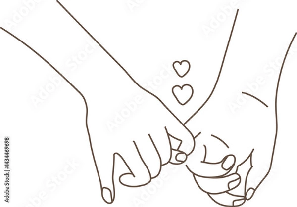 Obraz Minimalist line art vector illustration featuring three hand gestures: holding hands, heart shape gesture, and intertwined pinkies with hearts, symbolizing love, connection, trust, and emotional bonds