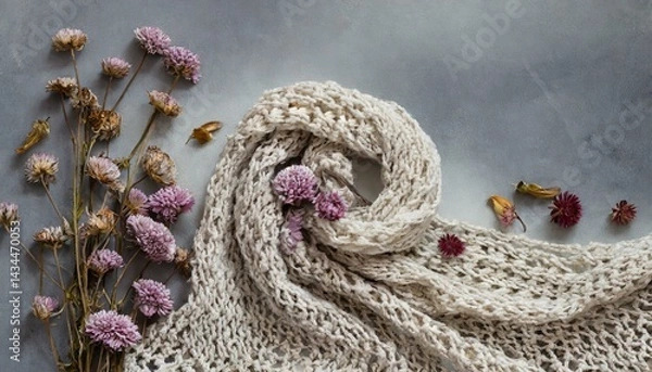 Fototapeta A boho background with knitted scarf, dried flowers, and copyspace 