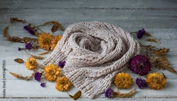 Fototapeta A boho background with knitted scarf, dried flowers, and copyspace 