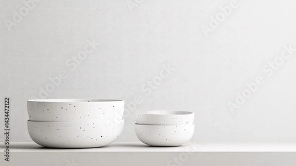 Fototapeta Stacked white ceramic bowls on a shelf against a white wall