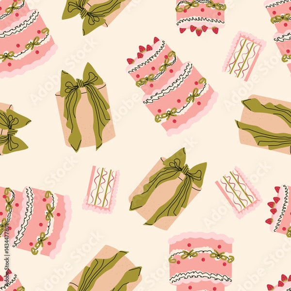 Obraz Pattern with holiday berry cupcake with meringue for stickers and decoration. Vector hand drawn elegant illustration in vintage sketch style. Cliparts for birthday, wedding valentines designs