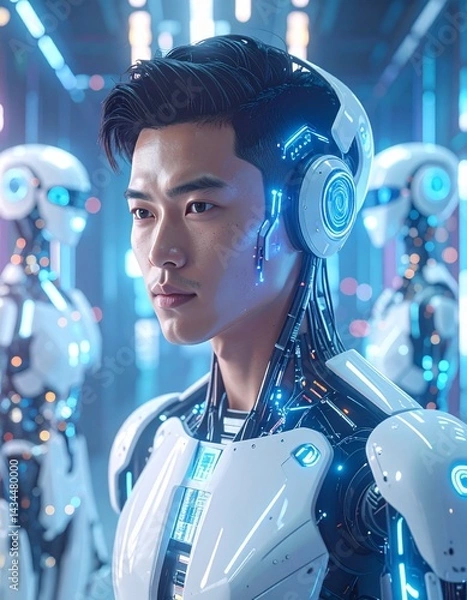 Fototapeta cyberpunk portrait of handsome asian young man turning into a robot, close up portrait	
