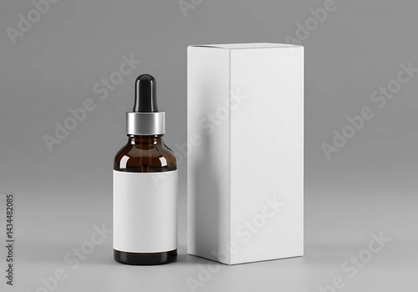 Fototapeta Dropper bottle mockup with blank label and box on gray surface
