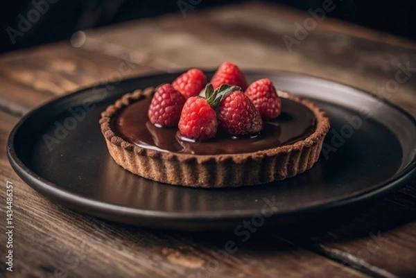Fototapeta Indulge in a decadent chocolate tart with glossy ganache and raspberry garnish served on a matte black plate