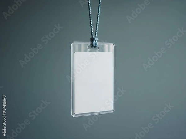Fototapeta Empty layout on grey background. Common blank label name tag hanging on neck with thread. Event registration card or press ID identification sign in conference and seminar