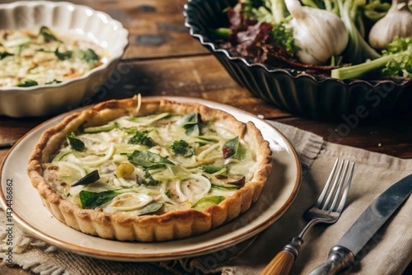 Obraz Slicing and serving flamiche (leek tart) on vintage ceramics with a side salad rustic kitchen setting culinary delight